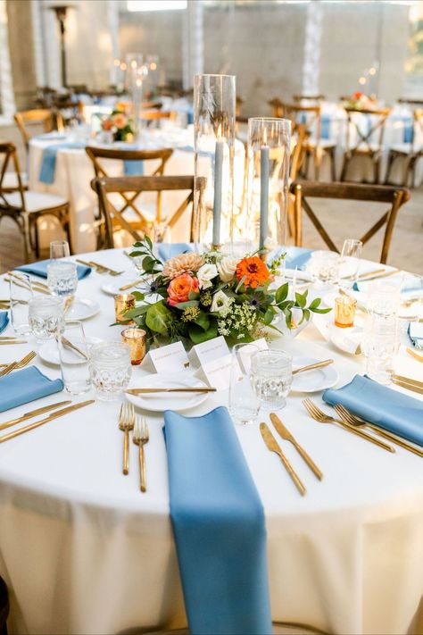 Blue And Orange Spring Wedding, Blue Wedding Theme Fall, Blue And Orange Wedding Decor, Wedding Orange And Blue, Orange Reception, Wedding Tablescapes Round, Orange And Blue Wedding, Blue And Orange Wedding, Blue Orange Weddings