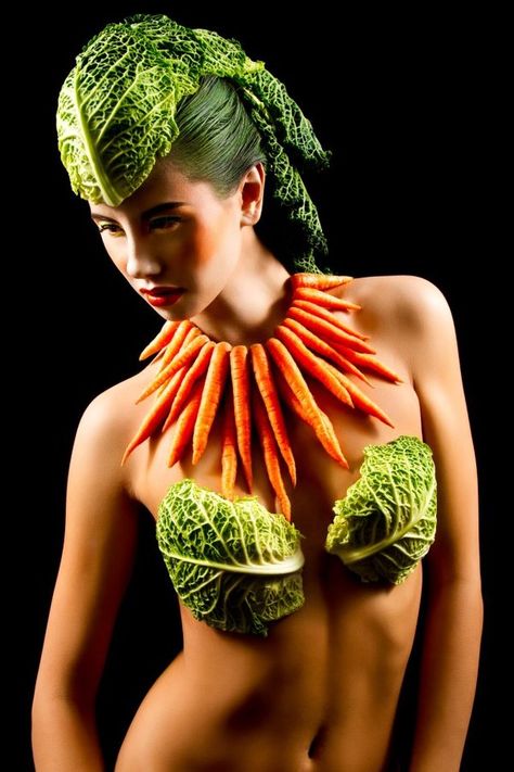 Vegetable Dress, Photographie Portrait Inspiration, Art Dress, Veggie Garden, Hair Designs, Model Dress, Food Styling, Look Fashion, Makeup Inspiration