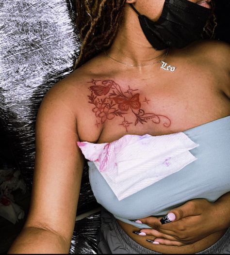 Colored Chest Tattoo Female, Red Ink Chest Tattoo Female, Red Chest Tattoo Female, Middle Chest Tattoo Female Black, Tattoo Ideas Chest Female, Shoulder Chest Tattoo Female, Girl Half Sleeve Tattoos, Female Chest Tattoo, Red Flower Tattoos