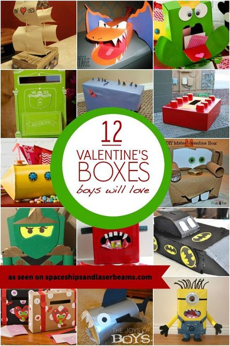 12 Valentine's Boxes Boys will Love Cool Valentine Boxes, Valentine's Boxes, Boys Crafts, Boxes Craft, Girls Valentines Boxes, Diy Valentines Box, Valentine Boxes For School, Kids Valentine Boxes, Saint Valentin Diy