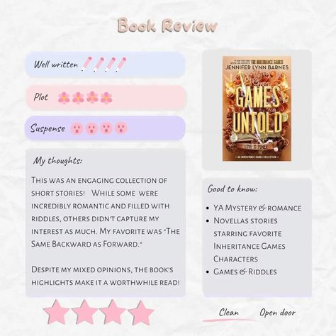 BOOK REVIEW ▪︎ GAMES UNTOLD Author: Jennifer Lynn Barnes Genre:   YA mystery & romance Format: Ebook Published:  November 12, 2024 Read: December, 2024 ⭐⭐⭐⭐ As a devoted fan of the series and the enigmatic Hawthorne brothers, I couldn't resist diving into this latest addition! This book is a collection of short stories set both before and during the events of the Inheritance Games series. ■What I liked: ▪︎Although I'm not usually fond of short stories, I found several of them endear... Games Untold, The Inheritance Games Series, Hawthorne Brothers, Jennifer Lynn Barnes, Bookstagram Posts, Jennifer Lynn, The Inheritance Games, Inheritance Games, November 12th