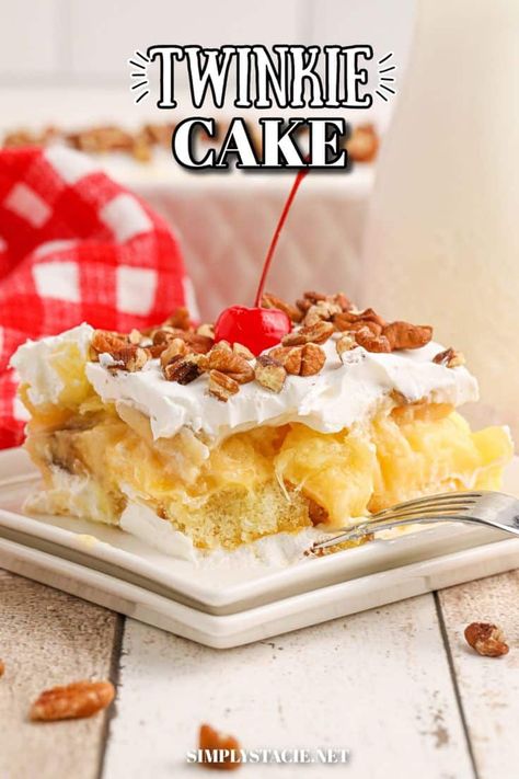 Twinkie Cake Dive into the simple joy of a no-bake Twinkie Cake, where easy prep meets delightful flavors with layers of Twinkies, vanilla pudding, bananas, and pineapple, all smothered in Cool Whip. This effortless dessert is topped with pecans and maraschino cherries, making it a fun and tasty treat for any occasion. Twinkie Cake Recipe, Twinkie Desserts, Dessert Salad Recipes, Twinkie Cake, Maraschino Cherries, Dessert Cookbooks, Dessert Salads, Vanilla Pudding, Maraschino Cherry