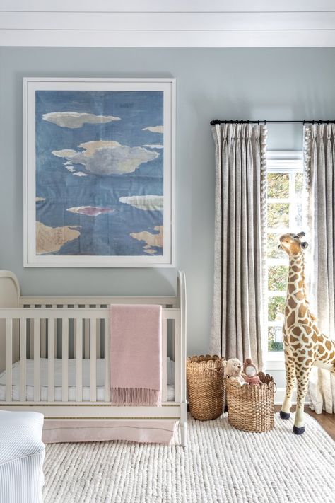 Cloud Nursery Theme, Nursery French, Blue Nursery Girl, Transitional Nursery, Light Blue Nursery, Bedroom Moodboard, Nursery Layout, French Nursery, Sky Nursery