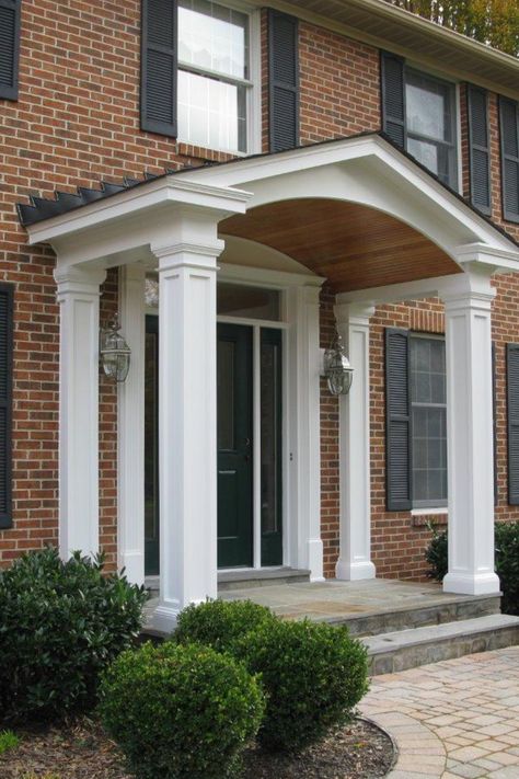 Front Door Covered Entry Colonial, Front Entry Portico, Portico Column Design, Portico Entry Modern, Portico Entry Colonial, Front Portico Ideas, Arched Portico, Colonial Portico, Front Door Portico