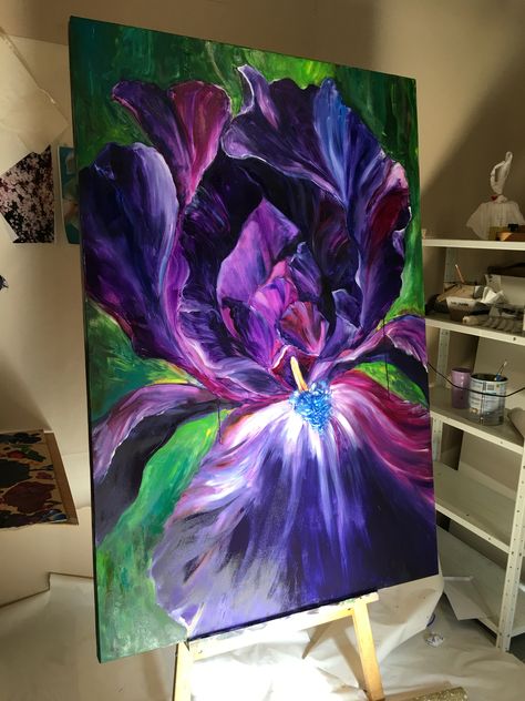 Big Oil Painting Ideas, Giant Flower Painting, Realistic Flower Painting, Big Flower Painting, Realistic Flower Drawing, Poster Color Painting, Oil Painting Gallery, Iris Painting, Flower Painting Canvas