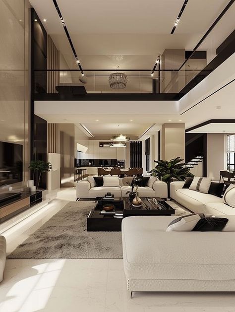 Modern Luxury White And Black Living Room Interior   Design and Decor Ideas Luxe Style Interior Design, Living Room Aesthetics Modern, Modern House Inspiration Interior Design, Luxury Modern Homes Interior, Modern White House Interior Design, Modern Clean Interior Design, Mansion Interior Modern, Black And White Home Aesthetic, Black And White Modern House