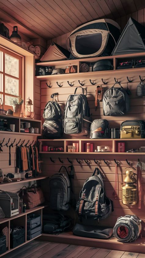 A compact room with a well-organized camping gear wall, featuring shelves and hooks for various outdoor gear. Camping Gear Wall, Outdoor Gear Room, Gear Room Organization, Outdoor Gear Storage, Camping Room, Compact Camping, Gear Wall, Gear Room, Gear Storage