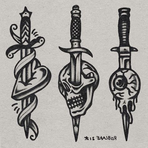 Ax Tattoo Traditional, American Traditional Tattoos Knife, Traditional Chain Tattoo Design, Neo Traditional Black Tattoo, Blade Tattoo Men, Trad Dagger Tattoo, Old School Knife Tattoo, Knife Traditional Tattoo, Traditional Scythe Tattoo