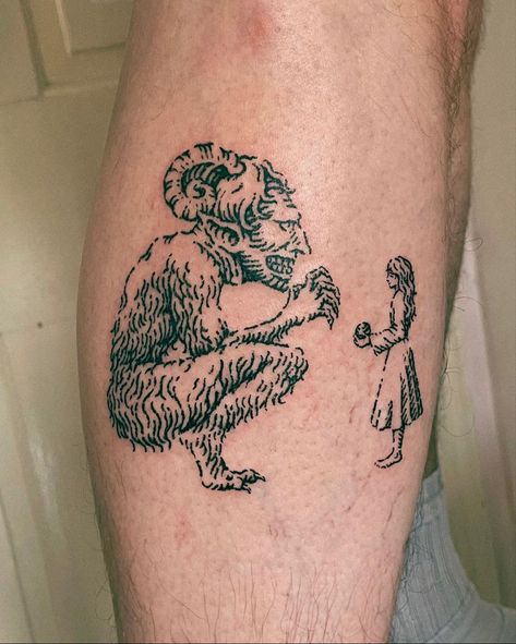 insta//5.5volt_tattoo and mama.viruz Loud Bark Deep Bite Tattoo, Lil Guy Tattoos, The Gruffalo Tattoo, Mark Ryden Tattoo, Sackboy Tattoo, Ween Tattoo, Big Tattoo Pieces, Ogre Tattoo, Jersey Devil Tattoo