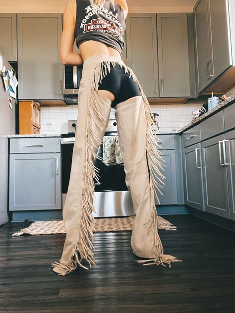 sexy leather fringe chaps shop now vintagebysav Diy Assless Chaps, Leather Chaps Outfit, Assless Chaps Outfit Festival, Cowgirl Chaps Outfit, Western Chaps For Women, Leather Chaps Women, Chaps Outfit Women, Assless Chaps Outfit, Diy Chaps