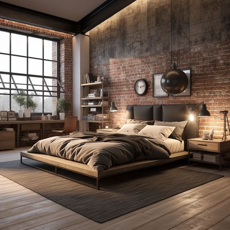 Urban Industrial Bedroom, Industrial Interior Design Bedroom, Modern Industrial Bedroom, Brick Bedroom, Industrial Decor Bedroom, Industrial Bedroom Design, Industrial Style Bedroom, Casa Loft, Bedroom Design Inspiration