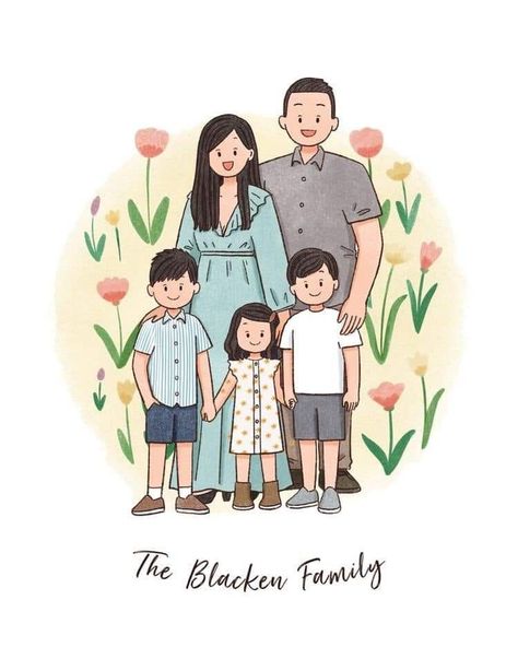 Cute Family Drawing, Family Drawing, Drawing Digital, Custom Portrait, Cute Family, Big Family, Gifts For Family, Digital Files, Flowers