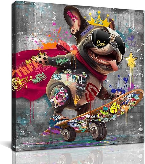 Kepgonegu Funny Canvas Wall Art Funky Dog Play Skateboard Graffiti Picture Cool Wall Decor Ready to Hang for Bedroom Kids Room Size 14”W x 14”H Dog Graffiti, Wall Art Funky, Skateboard Pictures, Graffiti Pictures, Art Funky, Banksy Wall Art, Cool Wall Decor, Graffiti Style Art, Wall Drawing