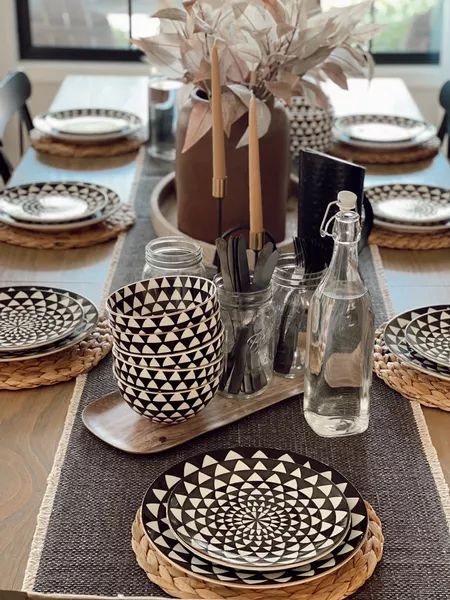 Thyme & Table Dinnerware Black & … curated on LTK Elegant Table Settings Classy, Fall Table Decorations Centerpieces, Table Plate Setting, Dish Sets Dinnerware, Boho Dining Table, Fall Dining Room Table Decor, Black And White Dishes, Fall Dining Room Table, Fall Dining Room