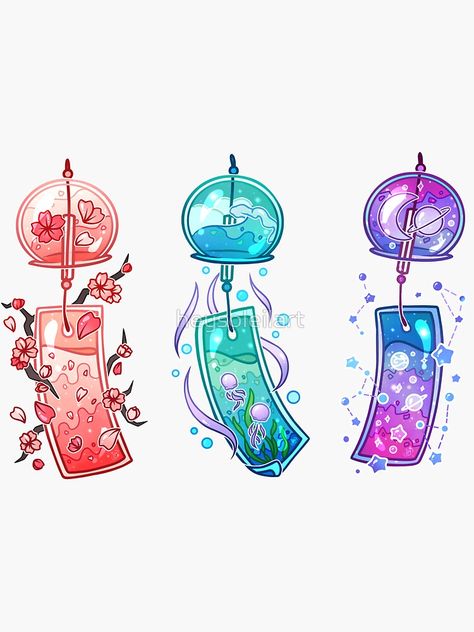 Japanese Wind Chimes Drawing, Japanese Drawing Aesthetic, Wind Chime Drawing, Cute Japanese Drawings, Wind Chime Tattoo, Doodle Japanese, Cute Japanese Stickers, Japanese Doodles, Japanese Drawing