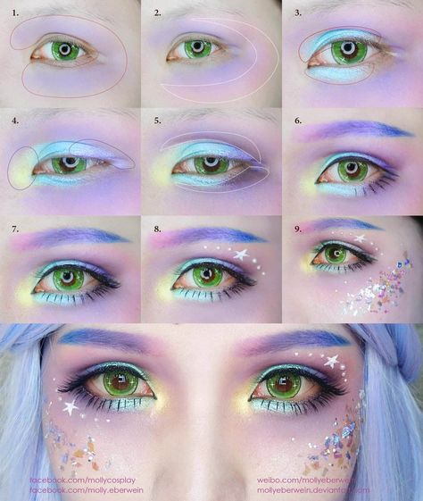 Anime Make-up, Purple Eye Makeup Tutorial, Mermaid Makeup Tutorial, Eye Makeup Glitter, Pastel Goth Makeup, Fantasy Make-up, Make Up Designs, Pastel Makeup, Drag Make-up