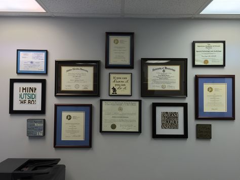 Diploma Gallery Wall, Degree Display Ideas, Degree Wall Display Office, College Diploma Display, Diploma Wall Display Ideas Office, Diploma Wall Decor, Ranch Style Interior Design, Diploma Wall, Diploma Display