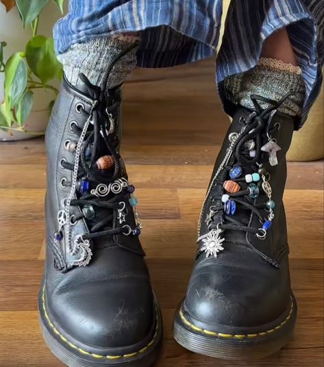 Charms On Docs, Boots With Beads On Laces, Decorate Doc Martens, Doc Martens Beads On Laces, Decorating Doc Martens, Beaded Doc Martens, Doc Martens Decorated, Decorated Doc Martens, Doc Martens Laces Style