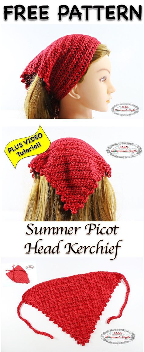 Summer Picot Head Kerchief - Free Crochet Pattern Head Scarf Crochet Pattern, Free Crochet Kerchief Patterns, Headscarf Crochet Pattern Free, Headscarf Crochet Pattern, Headcovering Pattern Free, Crocheted Head Scarf, Crochet Headscarf Pattern, Crochet Headscarf Pattern Free, Crochet Bandana Pattern Free