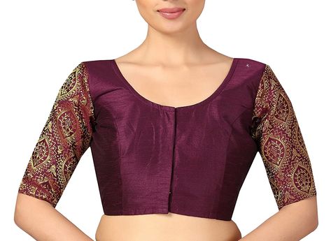 Silky Saree, Ready Made Saree, Red Saree Blouse, Floral Weaving, Indian Blouses, Maroon Saree, Blouse Indian, Sleeves Women, How To Make Brown