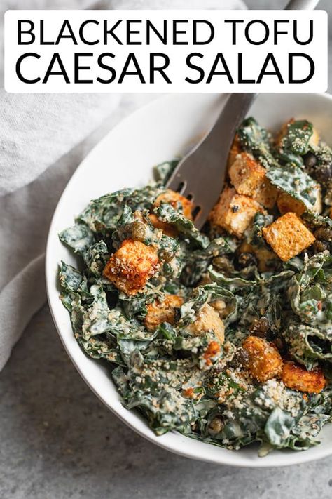 Vegan Ceasar Salad, Blackened Tofu, Vegan Thanksgiving Side Dishes, Caesar Recipe, Cashew Ricotta, Healthy Italian Recipes, Tuscan Kale, Vegan Caesar Salad, Tofu Tacos