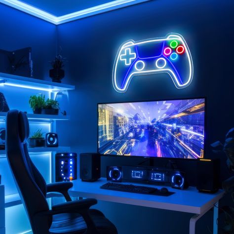 1pc LED Neon Gaming Controller Sign, Adjustable Brightness Blue Light, USB Powered Neon Wall Decor, Ideal For Teen Boys Room Decoration, Game Room, Bedroom Wall, Best Gift For Gamers https://share.temu.com/Rr75Oa8HvCA via @shoptemu Teen Boys Room, Pc Room, Neon Wall Decor, Game Room Bedroom, Teen Boy Room, Neon Wall, Gaming Controller, Gaming Room, Boys Room Decor