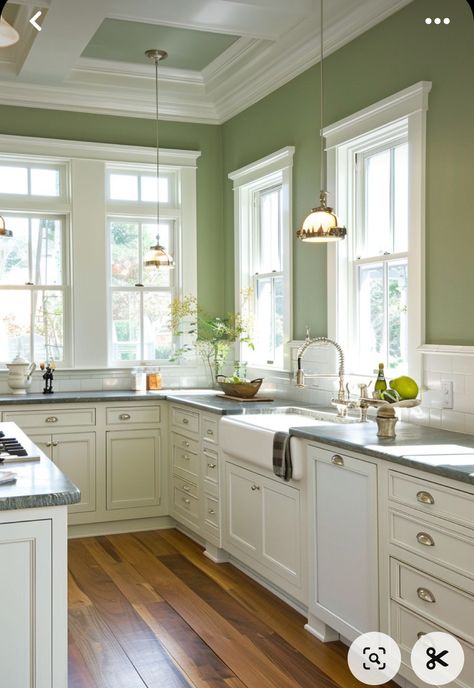 Soft Green Kitchen Walls, Green Kitchen White Cabinets, Green Kitchen Walls White Cabinets, Sage Green Kitchen Walls, White Kitchen Units, Light Green Kitchen, Farmhouse Chic Kitchen, Green Kitchen Walls, My Dream Kitchen