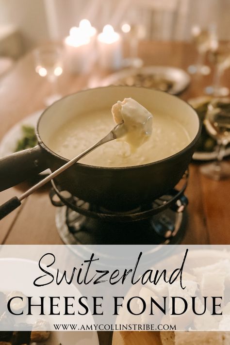 Swiss Cheese Fondue - Amy Collins Tribe German Fondue, Swiss Fondue Recipe, Cheese Fondue Recipes, Cozy Christmas Dinner, Switzerland Cheese, Swiss Cheese Recipes, Swiss Cheese Fondue, Cheese Fondue Recipe, Swiss Fondue