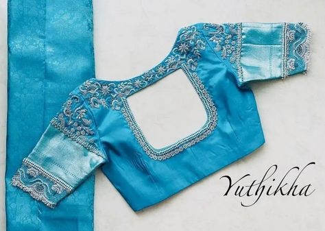 Light Blue Blouse Designs, Silver Work Blouse Designs, Sky Blue Blouse Designs, Silver Zari Work Blouse, Modern Blouse, Blue Blouse Designs, Maggam Blouse, Latest Bridal Blouse Designs, Best Blouse Designs