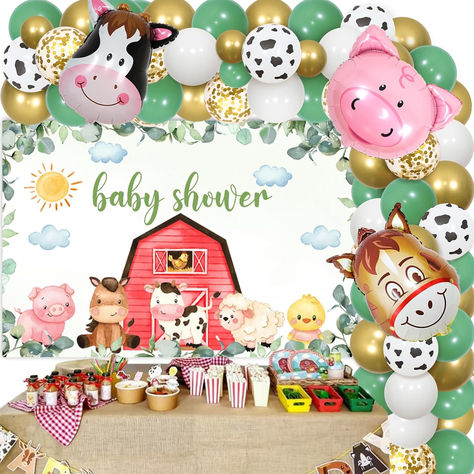 Sage Green Farm Animal Baby Shower Decorations - Farm Animals Balloon Garland Arch Kit with Backdrop, Cow Donkey Pig Foil Balloons for Farmhouse Theme Pregnancy Celebration Newborn Party Supplies #ad #babyshower #babyshowerideas #Babyshowersupplies #farmbabyshower #farmanimalbabyshower #farmanimals #barnanimalsbabyshower #Babyshowertheme Farm Animal Baby Shower Ideas, Baby Farm Animals Shower Ideas, Farm Themed Baby Shower Ideas, Farm Animal Baby Shower Theme, Barnyard Baby Shower Ideas, Newborn Party, Farm Backdrop, Farmhouse Theme, Farm Baby Shower