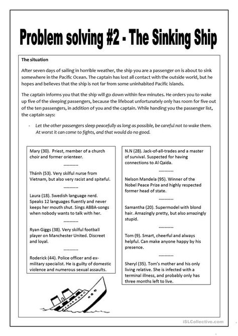 Problem solving #2 - The Sinking Ship worksheet - Free ESL printable worksheets made by teachers Leadership Course, Ship Sinking, British Imperialism, Teaching Ethics, Moral Development, Reasoning Activities, Group Therapy Activities, Problem Solving Worksheet, Sinking Ship