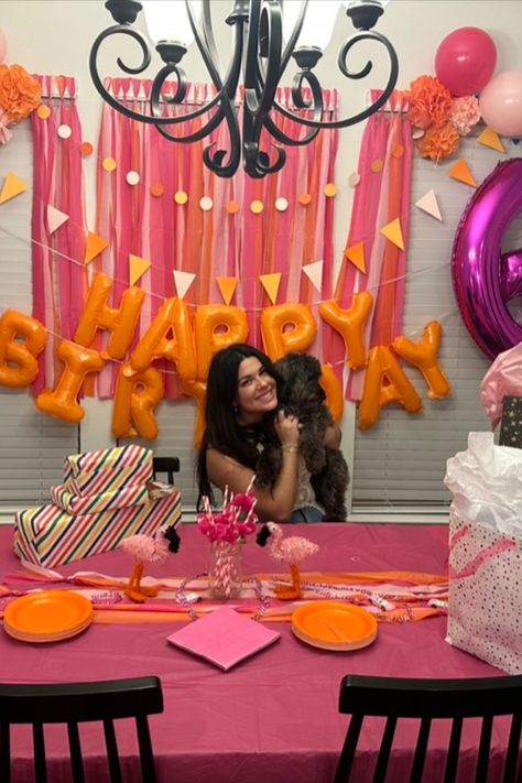 Orange and pink Birthday decor idea!  Used it for my daughter's birthday party!  Loved it! #birthdaydecor #balloons #birthdayballoons #orangeandpink #pompoms Diy Birthday Garland Banner, Pink And Orange Party Theme, Pink And Orange Birthday, Orange Party Theme, Pink Birthday Decor, Orange Birthday Cake, Orange Birthday Parties, Tissue Tassel Garland, Picnic Birthday Party