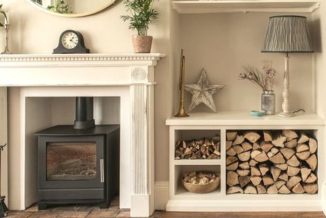 Log Store Indoor, Indoor Log Storage, Firewood Storage Indoor, Log Burner Living Room, Storage Fireplace, Log Storage, Snug Room, Log Store, Open Plan Kitchen Living Room