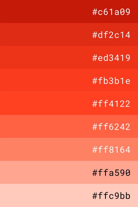 Click on the picture, and you can get color shades and gradients for free. The website is developed by myself. Red color palette with hex codes. #color pallete #color inspiration #red #c61a09 #df2c14 #ed3419 #fb3b1e #ff4122 #ff6242 #ff8164 #ffa590 #ffc9bb Red Orange Color Scheme, Canva Color Palette Codes Red, Red Pallet Color, Red Shades Colour Palettes, Red Pallete Color, Red Hex Codes, Red Palette Color, Red Color Hex Code, Red Color Hex