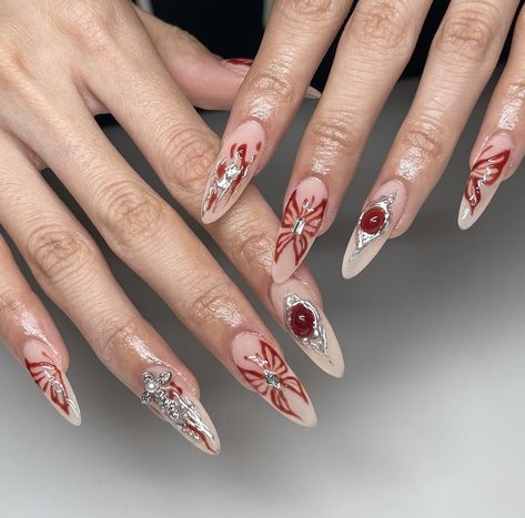 Silver And Red Nails, Red And Silver Nails, Silver Nail Designs, Shape Nails, Butterfly Nails, Red Acrylic Nails, Goth Nails, Grunge Nails, Almond Shape Nails