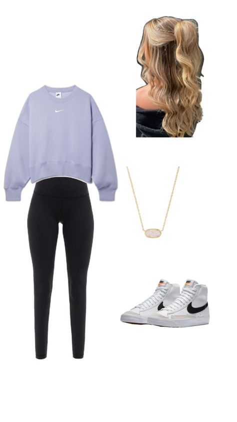 nike crewneck, kendra scott necklace, lululemon align leggings, nike mid 77 blazers and a half up half down hairstyle Nike Mid 77, Nike Mid, Half Up Half Down Hairstyle, Down Hairstyle, Nike Blazers, Align Leggings, Lululemon Outfits, Nike Crewneck, Lululemon Align Leggings