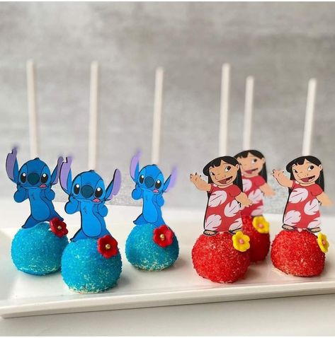 Lilo Stitch Cake Pops, Lilo Stitch Birthday Party Food, Stitch B Day Ideas, Stitch Cake Pops Ideas, Stitch Birthday Cake Pops, Cute Stitch Birthday Ideas, Stitch Dessert Ideas, Lilo And Stitch Birthday Party Snacks, Lilo And Stitch Cakepops