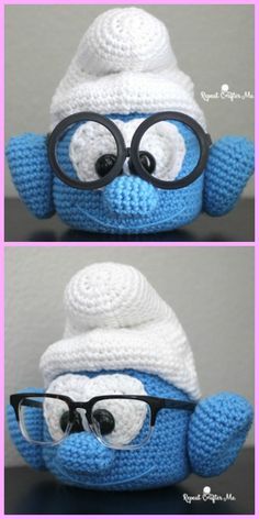 Crochet brainy smurf glasses holder free pattern Crochet Smurf, Brainy Smurf, Pumpkin Hat Pattern, Crochet Glasses, Crochet Pumpkin Hat, Super Cute Crochet, Crochet Butterfly Pattern, Crochet Patterns Free, Crochet Eyes