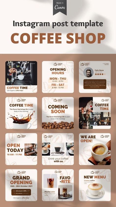 Coffee Shop Ig Feed, Cafe Ig Feed, Coffee Shop Instagram Feed, Messages Instagram, Coffee Poster Design, Instagram Design Layout, Food Template, Coffee Instagram, Instagram Template Design