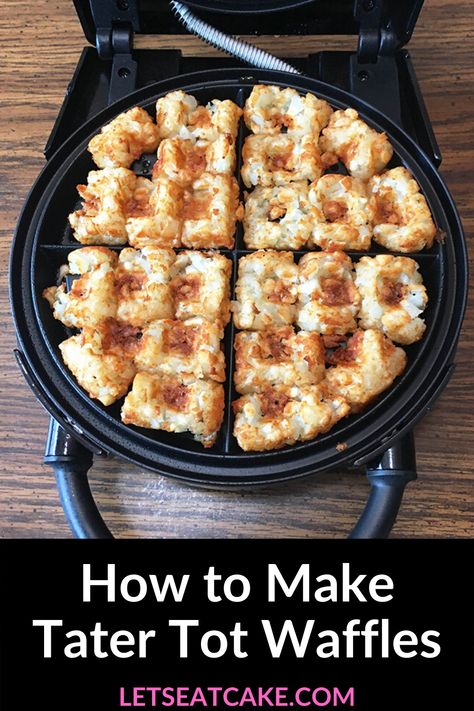 A waffle iron and a bag of tater tots are all you'll need to make Tater Tot Waffles, the breakfast comfort food you didn't know you needed. Tots are cheap, many of us have waffle irons languishing in our cupboards, and the convenience of an electric appliance allows us to make a plate of potatoes feel like home-cooked comfort food. #pantrystaplerecipes #quarantinerecipes #totwaffles #easybreakfastrecipe #easywafflerecipe #howtomakewaffles Tater Tot Waffle, Kitchen Hacks Food, Easy Waffle Recipe, Waffle Iron Recipes, Dessert Waffles, Waffle Ingredients, Waffle Maker Recipes, How To Make Waffles, Waffle Irons