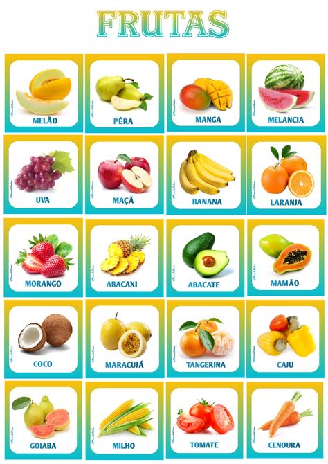 Healthy Food Activities For Preschool, Healthy Food Activities, Fruits Name In English, Portuguese Language Learning, Preschool Charts, Portuguese Words, Portuguese Lessons, Farm Animals Birthday Party, Speech Therapy Games