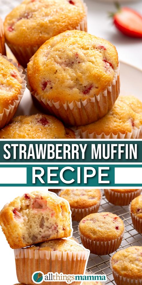 These Easy Strawberry Muffins recipe combines fresh strawberries with vanilla muffin batter and a sprinkled sugar topping for sweet muffins to serve for breakfast or dessert! Muffins With Strawberries, Low Carb Strawberry Muffins, Leftover Strawberry Recipes, Strawberry Breakfast Muffins, What To Do With Strawberries, Strawberries Muffins, Strawberry Muffins Easy, Strawberry Yogurt Muffins, Strawberry Muffins Healthy