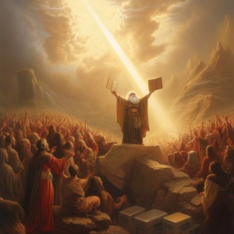 "Amidst an aura of divine revelation, Moses descends from the mountain, carrying the sacred commandments that will shape a nation, his countenance radiant with wisdom, faith, and the weight of profound enlightenment." The 10 Commandments Aesthetic, Moses On The Mountain, Moses And The 10 Commandments, Biblical Illustrations, Simple Gospel, Monte Sinai, Divine Revelation, Hd Nature Wallpapers, Bible Pictures