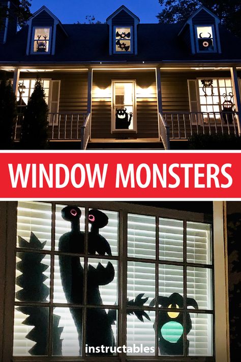 Halloween Window Eyes Diy, Halloween Cardboard Window Cutouts, Halloween Window Cutouts, Halloween Monster House, Monster Cutouts, Scary Halloween Decorations Diy, Halloween Window Decorations, Pumpkin Cutouts, Diy Monsters