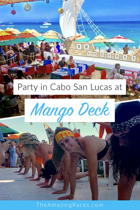 If you're looking for a good time in Cabo, look no further than Mango Deck. It's a bar and restaurant on the beach that's sure to be a good time. Want to party in Cabo San Lucas? Save this pin to your board! #cabo #cabosanlucas #mangodeck #beachbar Bachelorette Party Cabo San Lucas, Cabo 40th Birthday, Mango Deck Cabo San Lucas, Cabo Activities, Cabo San Lucas Nightlife, Bachelorette Cabo, Baecation Ideas, Cabo San Lucas Bachelorette, Cabo Bachelorette Party