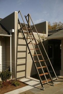 Pull Out Ladder Design Ideas, Pictures, Remodel and Decor Retractable Stairs, Outside Stairs, Rooftop Patio Design, Stair Ladder, Roof Ladder, Building Stairs, Loft Stairs, Rooftop Design, Contemporary Patio