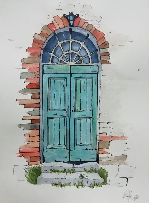 Old Doors Paintings, Aesthetic Door Drawing, Paintings Of Doors, How To Draw A Door, Door Illustration Drawings, Door Design Sketch, Watercolor Doors Paintings, Old Door Drawing, Window Drawing Easy