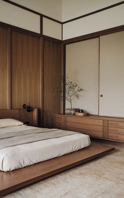 29 Japandi Bedroom Ideas for a Calm and Minimalist Vibe Bedroom Muji, Luxury Scandinavian Interior, Japanese Bedroom Interior, Colorful Japandi, Japandi Wardrobe, Muji Bedroom, Dark Japandi, Modern Japanese Bedroom, Zen Bedroom Decor