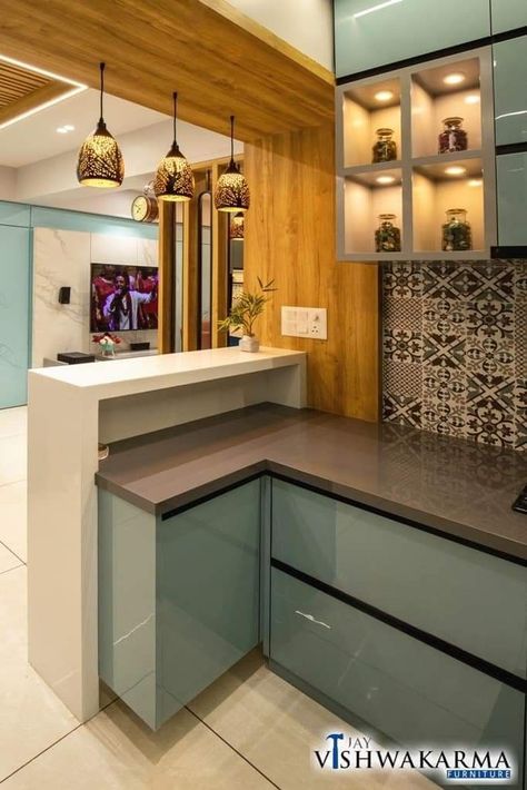 Kitchen Crockery Showcase Designs | Crockery Cabin Ideas | Kitchen Unit Designs | Crockery Storage Breakfast Counters Ideas, Indian Kitchen Ideas Modern, Kitchen Interior With Breakfast Counter, Kitchen Interior Ideas Indian, Modern Kitchen Interiors Indian, Breakfast Counter In Kitchen Modern, Modular Kitchen With Breakfast Counter, Kitchen Indian Interior, Indian Kitchen Design Ideas Modern