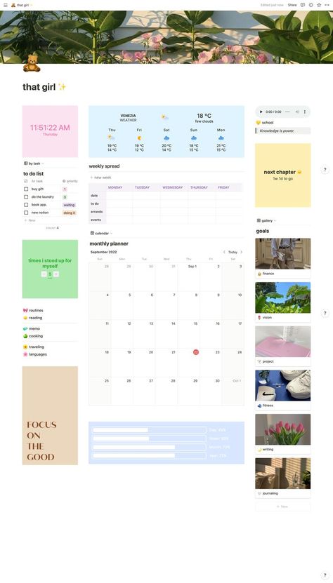 aesthetic pinterest tik tok that girl notion template planner digital dowloadable Goal Calendar, Ipad Essentials, Notion Planner, Happy Minds, Notion Template, Aura Colors, Aesthetic Template, Planner Templates, Goals Planner